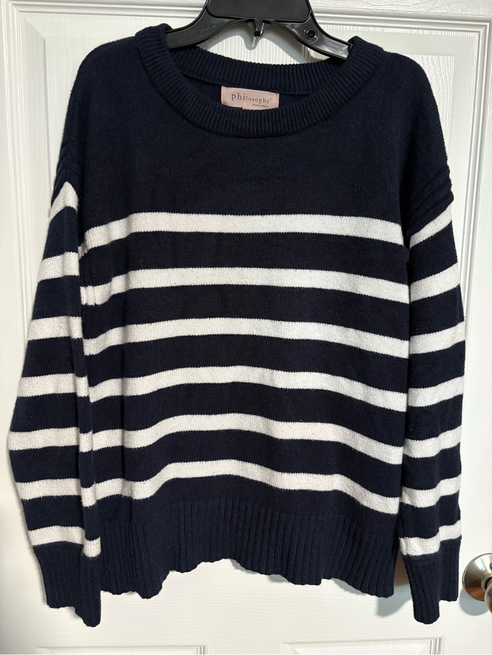 Philosophy Republic Navy & White Breton Stripe Crew Neck Pullover Sweater Medium